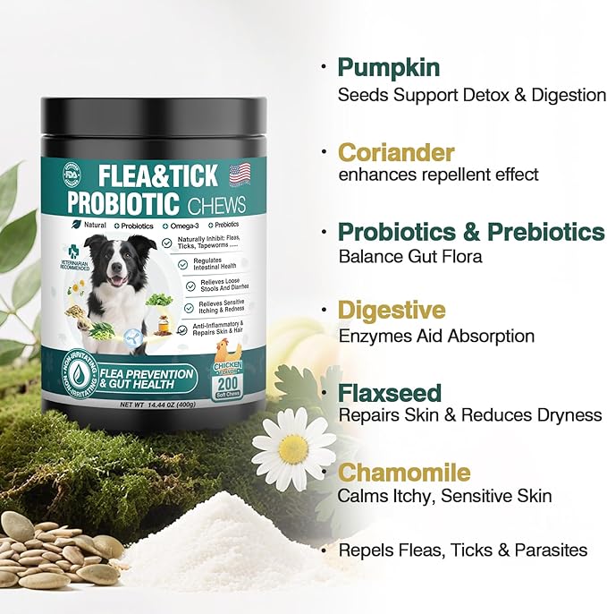 Dog Flea and Tick Treatment Chewable Probiotics Chewables for Dogs Probiotic Digestive Gut Health Natural Flea and Tick Prevention Chews Pet Probiotics for Dogs Chewable Chews Puppy Probiotic 2 in 1