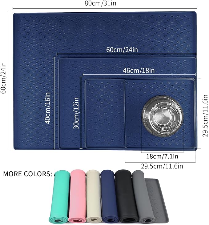 Ptlom Pet Placemat for Dog and Cat, Waterproof Non-Slip Silicone Feeding Bowl Mat Prevent Food and Water Overflow, Puppy Dish Feeder Fountain Trays Suitable for Medium and Small Pets, Navy Blue
