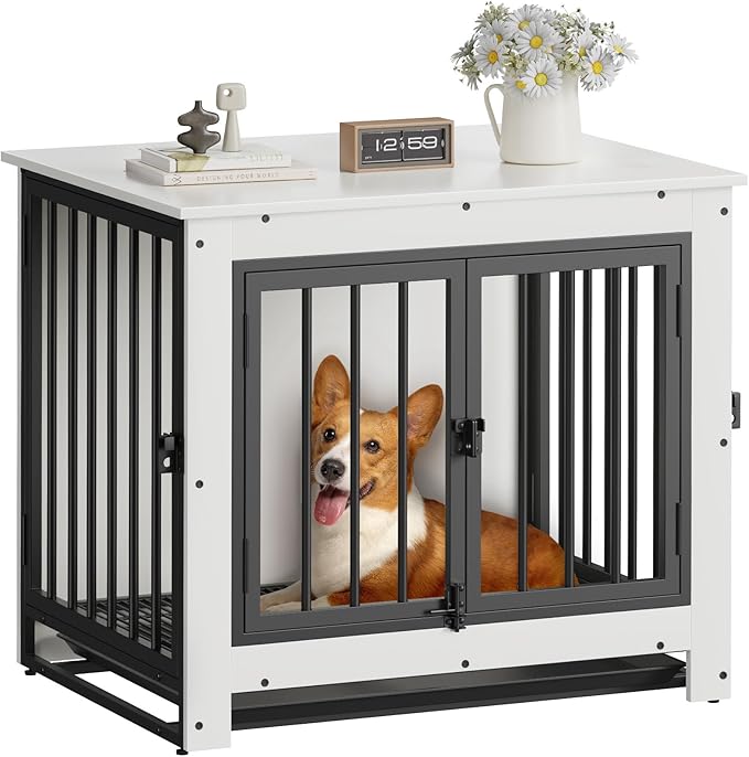 Dog Crate Furniture, Dog Crate End Table for Small and Medium Dogs,Wooden Cage Kennel Furniture Indoor, Modern Dog Crate with Multi-Purpose Removable Tray, Double-Doors Dog Furniture, White