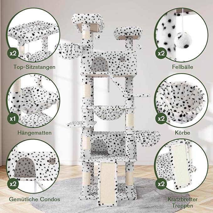 MUTICOR 81 inches Multi-Level Tall Cat Tree Tower for Indoor Kitties/Large Climbing Tree House for Big Feline/Condo/Sisal Scratching Posts/Plush Perches Platforms/Basket Hammock/White & Black Spot