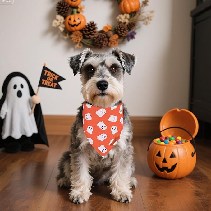 ADOGGYGO Halloween Dog Bandanas 2 Pack, Reversible Pumpkin Ghost Scarf, Premium Fabric, Adjustable Fit Orange Black Halloween Bandanas for Small Dogs (Small)