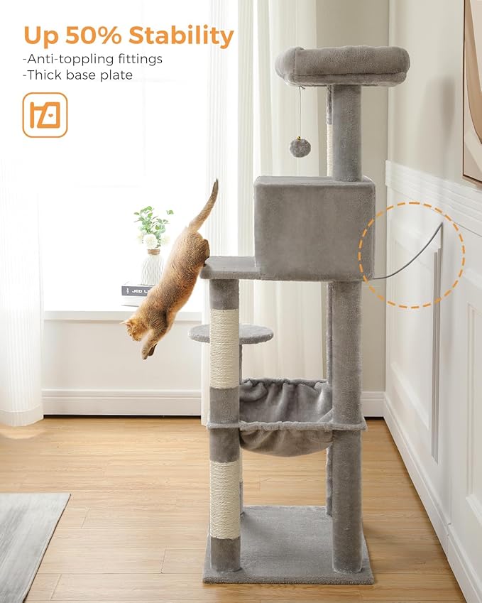 Cat Tree for Large Cats Adult with Metal Plush Big Hammock, 56.3" Cat Tower with 2 Door Condo House, 6-Tier Cat Shelves with Scratching Posts and Large Top Perch, Gray