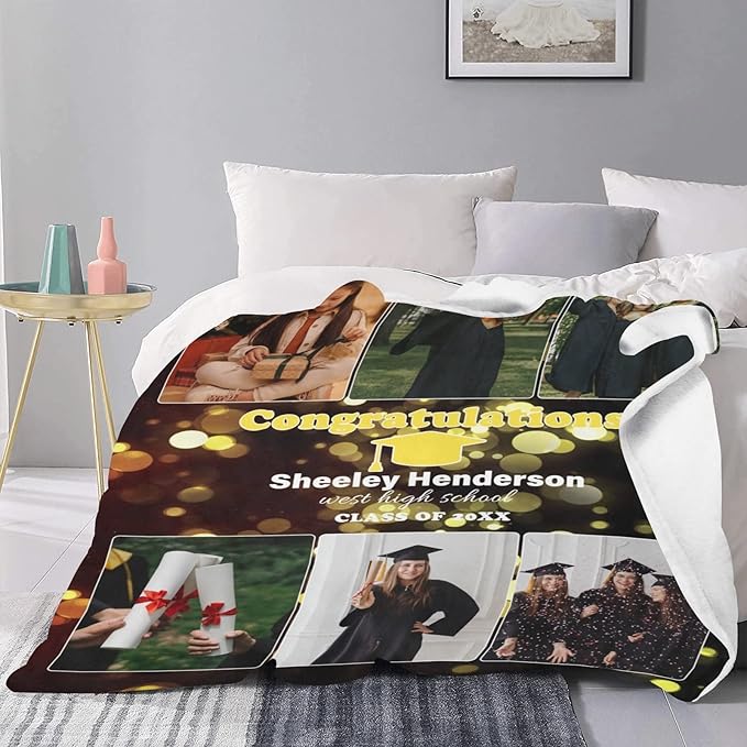 Custom Graduation Blanket with Photo, Customized Collage Personalized Blankets Gift for Son Daughter Boys Girls Him Her, Customizable Pictures Throws Souvenir for Family and Friends