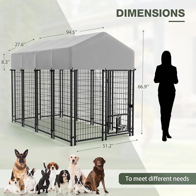Greesum Large Outdoor Dog Kennel, Heavy Duty Welded Wire Steel Dog Playpen Fence with Secure Lock/UV-Resistant Waterproof Roof Cover/Rotaing Feeder Bowls, for Small/Medium/Large Dogs, XL