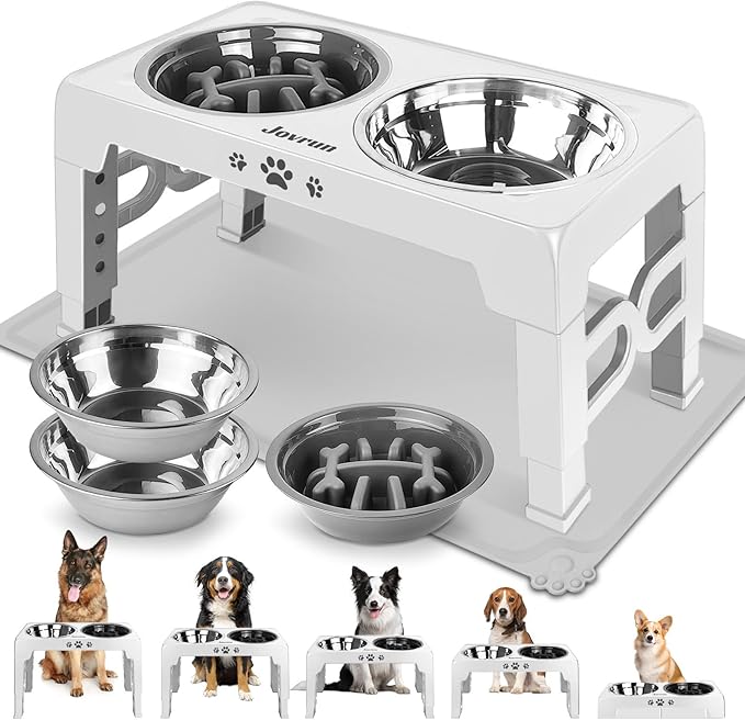 Elevated Dog Bowls, Dog Feeder with 2 Stainless Steel Dishes &1 Slow Feeder Bowl, 5 Heights Adjustable Raised Stand for Medium Large, Food Dishes with Non-Slip Feet