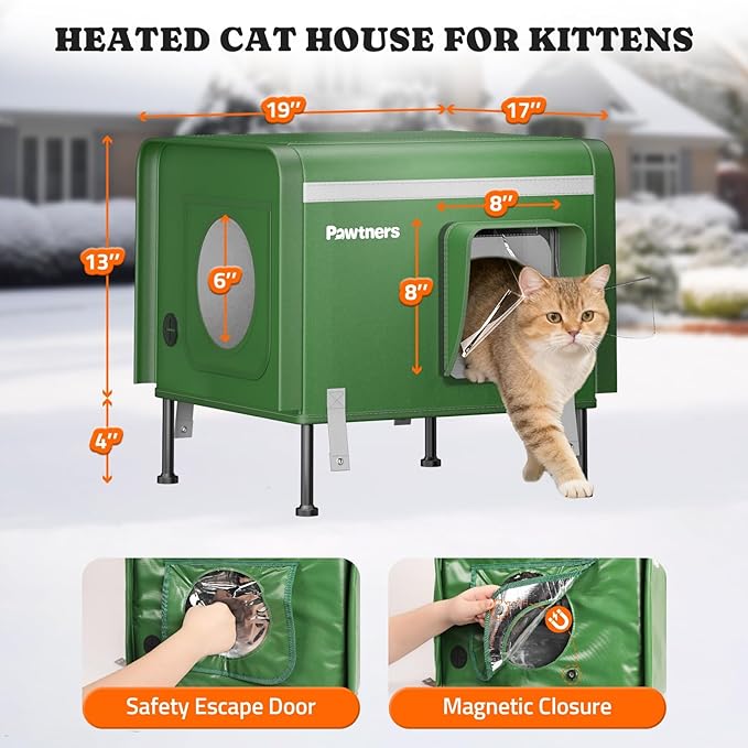 Pawtners Heated Outdoor Cat House for Outside Cats, 19'' Large Insulated Weatherproof Cat Shelter with Heated Pad, Elevated Feet & Escape Door, Warm Kitty House for Feral or Stray Cats in Winter