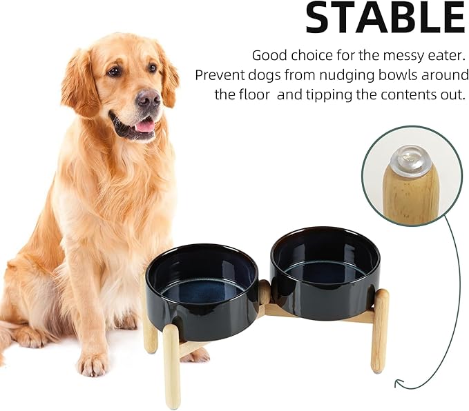 Ceramic 7.3inch Raised Double Bowls Set with Wooden Stand, Food & Water Bowls for Medium Breed Dogs, Weighted Dog Dishes, Pet Feeder(Starry Sky)