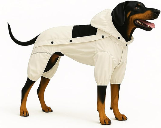 LOVELONGLONG Waterproof Dog Raincoat with Removable Hood – Outdoor Full Body Dog Jacket, Windproof Snowproof Shell Suit – All Season Pet Rain Gear Ivory 4XL