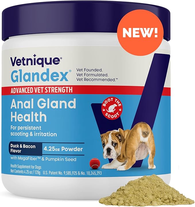 Vetnique Glandex Dog Fiber Supplement Powder for Anal Glands with Pumpkin, Digestive Enzymes & Probiotics - (Regular or Advanced Strength) - Boot The Scoot (4.25 oz, Advanced Strength Duck & Bacon)