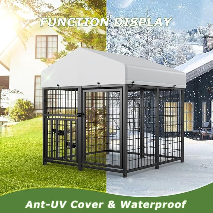 ROOMTEC Large Dog Kennel Outdoor Pet Pens Dogs Run Enclosure Animal Hutch Metal Coop Fence with Roof Cover (4'L x 4'W x 4.25'H)