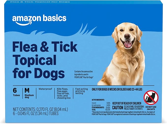 Amazon Basics Flea and Tick Topical Treatment for Medium Dogs (23-44 Pounds), 6 Count, Packaging May Vary