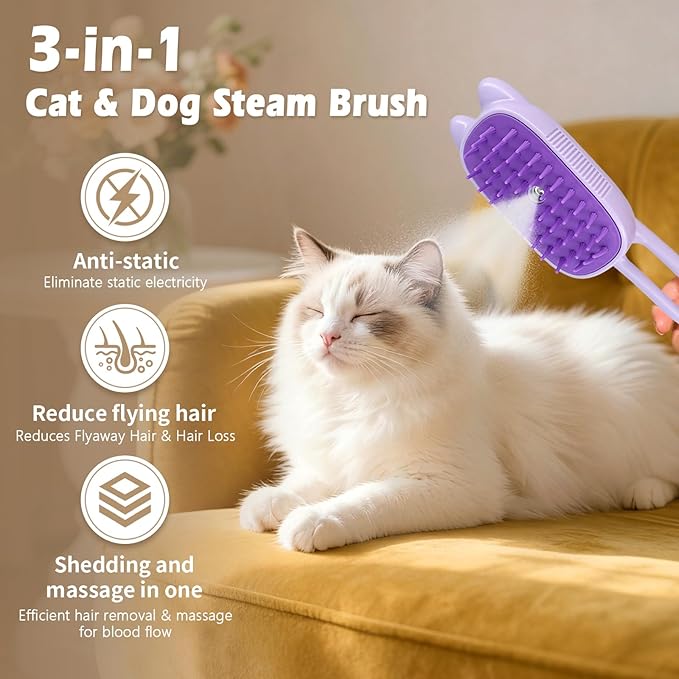 Cat Steam Brush for Shedding, Spritz Defur Comb 3 in 1 Pet Rechargeable Steam Brush Tool for Long and Short Haired Cats and Dogs, Anti-Static, Shedding, Detangling, Massage & Combing (Purple)