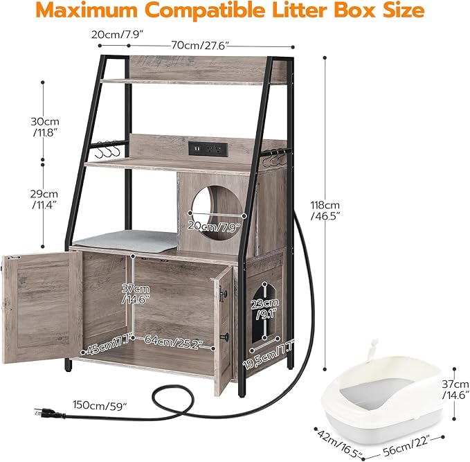 HOOBRO Litter Box Enclosure with 2 Storage Shelves, Tall Litter Box Furniture Hidden with Charging Station, Indoor Hidden Litter Box Furniture with Plush Mat, Greige BG70UMW01