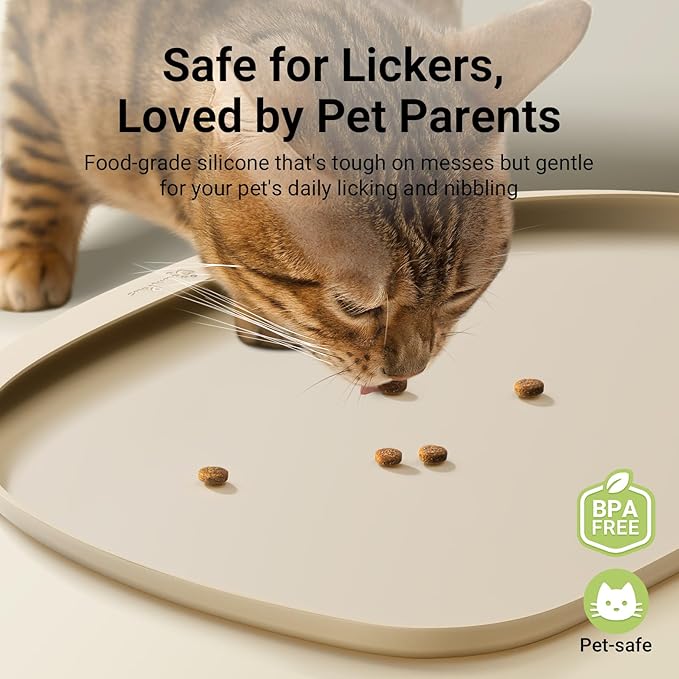 DownyPaws Cat Food Mats for Floors Waterproof, BPA Free Silicone Pet Food Mat, Non-Slip Pet Food Mat with High Raised Edge, Cat Placemat for Messy Drinkers, 18"×12.5", Almond