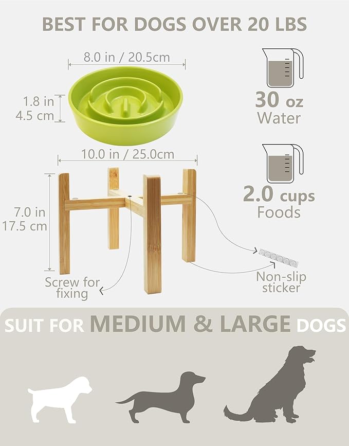 Ceramic Slow Feeder Dog Bowls Elevated, 2.0 Cups Slow Feeder for Medium and Large Dogs, Puzzle Maze Bowl to Slow Down Eating, 30oz, 8in, Green
