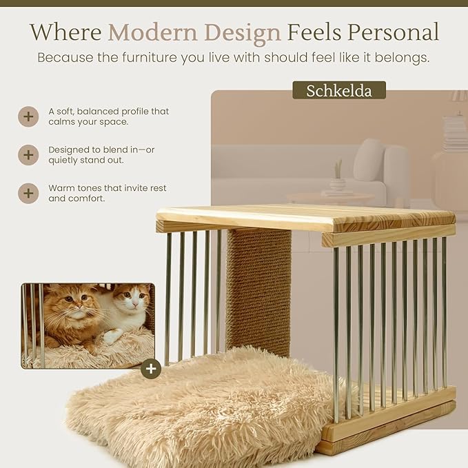 Wooden Cat House for Indoor Cats – Cat Furniture - Cat Bed with Area Scratching Pad - Cat Houses & Condos – Bedside End Table & Coffee Table for Living Room, Bedroom Decoration