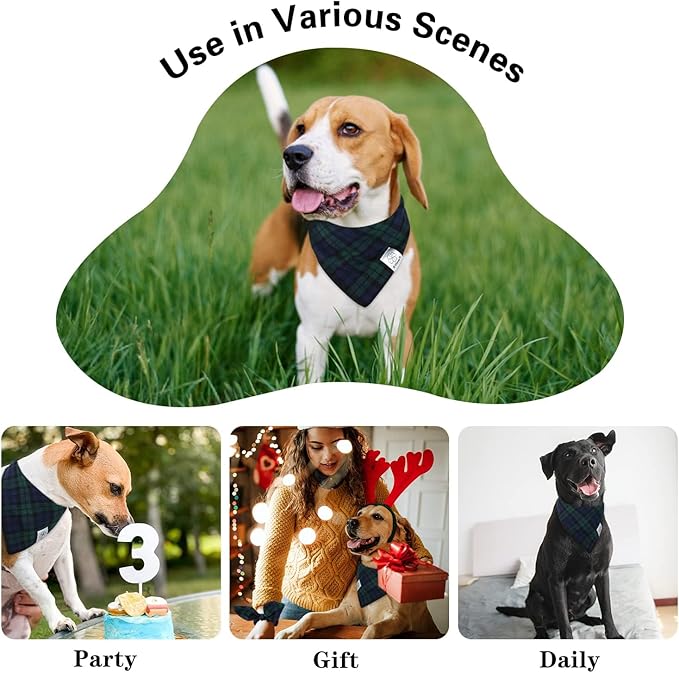 E-Clover Christmas Dog Bandanas Boy & Matching Scrunchie Set Plaid Dog Scarf Kerchief for Medium Large Dog Pet Bandana Owner Gifts Blue Green Fall