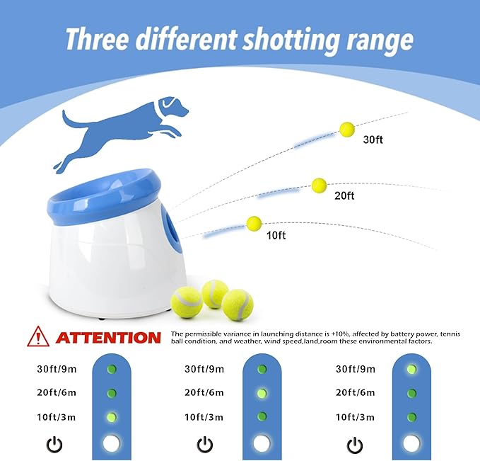 PetPrime Dog Automatic Ball Launcher Dog Interactive Fetch Toy Pet 2'' Thrower Throwing Game 3 Tennis Balls Tennis Mini Size Ball Launcher for Dogs Included Launch Distance 10-30ft