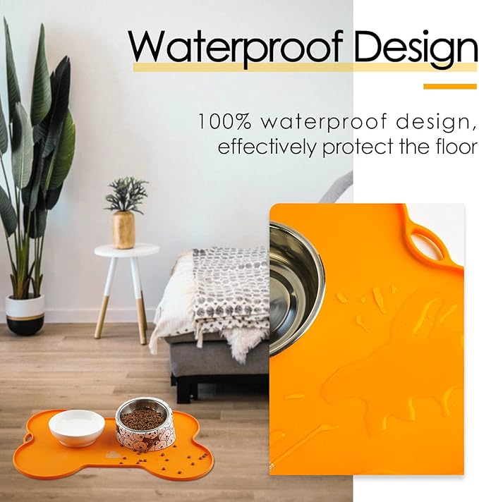 Dog Food Mat Dog Bowl Mat for Food and Water Silicone Non Spill Cat Feeding Mat Puppy Placemat Waterproof - 20.5" x 14.5", Orange
