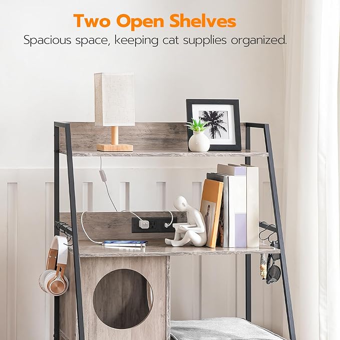 HOOBRO Litter Box Enclosure with 2 Storage Shelves, Tall Litter Box Furniture Hidden with Charging Station, Indoor Hidden Litter Box Furniture with Plush Mat, Greige BG70UMW01