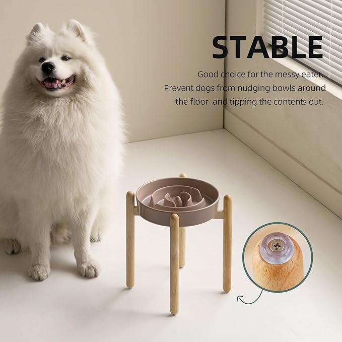 Ceramic 3.2 Cup Raised Slow Feeder Dog Bowl Set, Elevated Bowl with Wooden Stand for Large Dog, 9.5inch Puzzle Slow Pet Food Dish, Anti-Gulping(Brown Coffee, Single Bowl+ Stand)