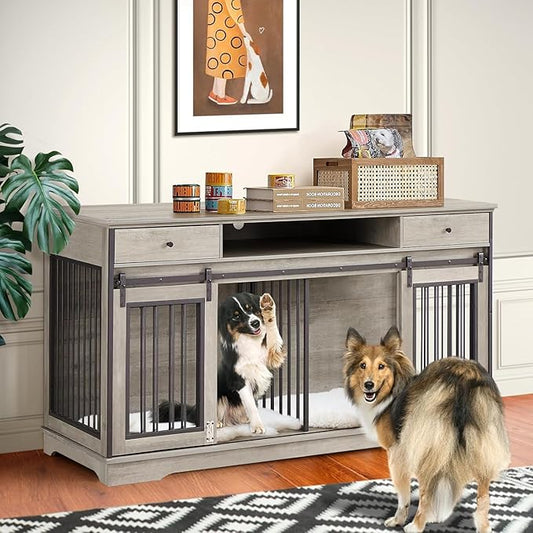 3-in-1 Double Dog Crate Furniture, 66.1 Inch Grey Furniture Style Dog Crates for 2 Dogs with Divider, Dog Kennel TV Stand with 2 Drawers and Sliding Doors