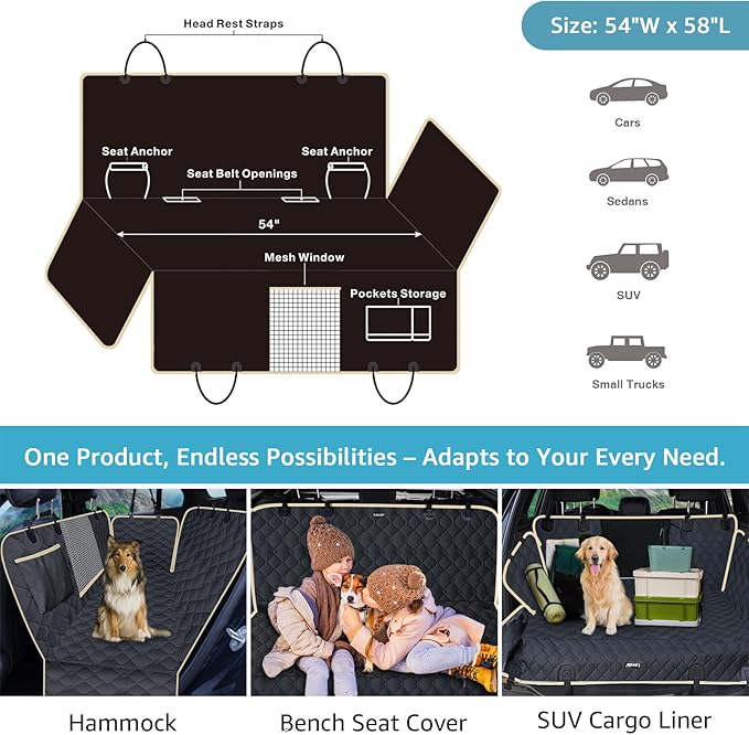 Lassie Dog Car Seat Covers for Back Seat with 2 Seat Belts, Waterproof Dog Car Hammock with Mesh Window Durable Scratch Proof Nonslip Pet Carseat Covers Universal Fit Protector for Cars, Trucks & SUVs