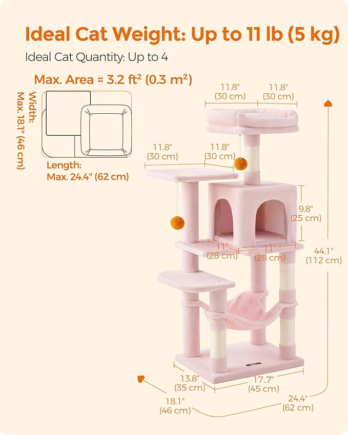 Feandrea Cat Tree, 44.1-Inch Cat Tower for Indoor Cats, Multi-Level Cat Condo with 4 Scratching Posts, 2 Perches, Hammock, Cave, Jelly Pink UPCT261P01