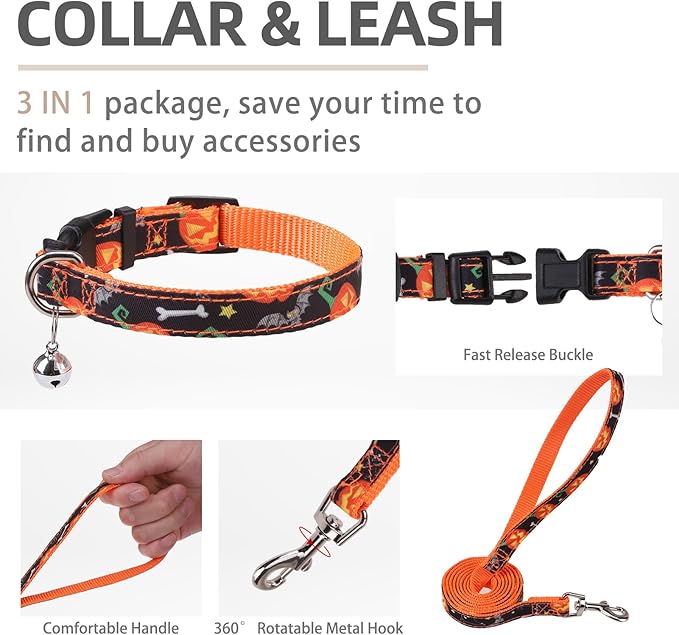 PUPTECK Adjustable Dog Harness Collar and Leash Set Step in No Pull Pet Harness for Small Medium Dogs Puppy and Cats Outdoor Walking Running, Soft Mesh Padded Reflective Vest Harnesses, Halloween, S