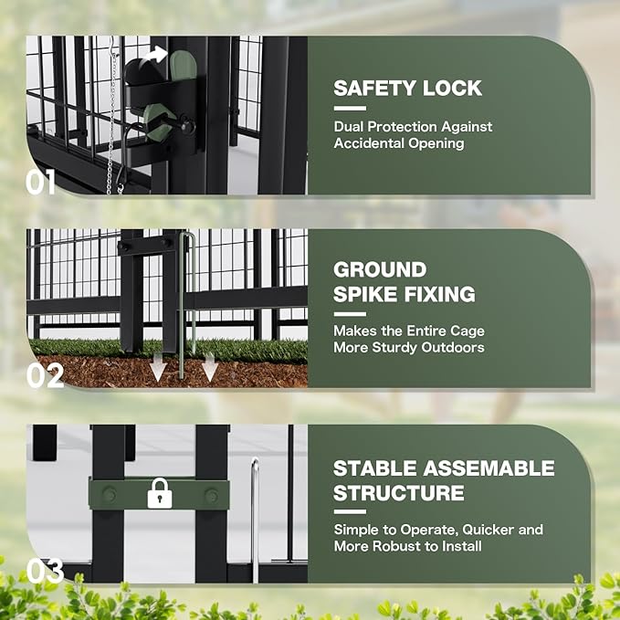 Greesum Large Outdoor Dog Kennel, Heavy Duty Welded Wire Steel Dog Playpen Fence with Secure Lock/UV-Resistant Waterproof Roof Cover/Rotaing Feeder Bowls, for Small/Medium/Large Dogs, L