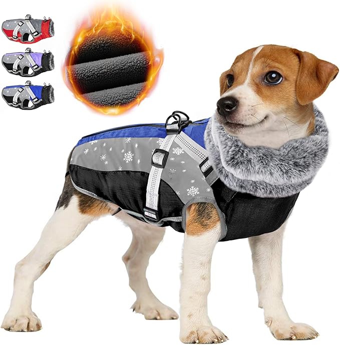 SlowTon Dog Jacket with Harness Built in - Waterproof Fleece Winter Warm Dog Coats for Small Medium Dogs, Reflective Adjustable Furry Puppy Vest Clothes for Outdoor Walking (Blue,L)