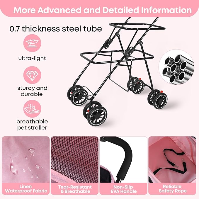 Double Pet Stroller for Dogs and Cats,Cat Strollers for 2 Cats,Double Dog Stroller for 2 Small Medium Dogs,4 Lockable Wheels/Lightweight/Folding,Pink