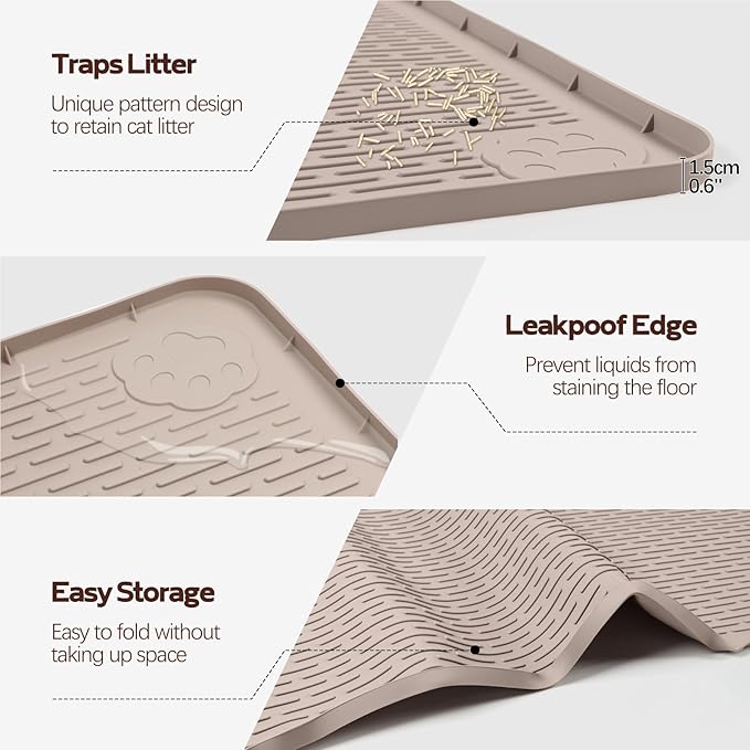 Cat Food Mat, 57" x 40" Extra Large Silicone Pet Feeding Mat with Raised Edge Pet Placemat for Food and Water Bowl Non-Slip, Easy to Clean, Floor Protection (Khaki)