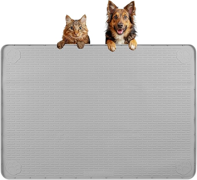 Dog Food Mat, Extra Large 34" x 22" Silicone Pet Feeding Mat with Raised Edge Pet Placemat for Small, Medium, and Large Pets Non-Slip, Easy to Clean (Light Grey)