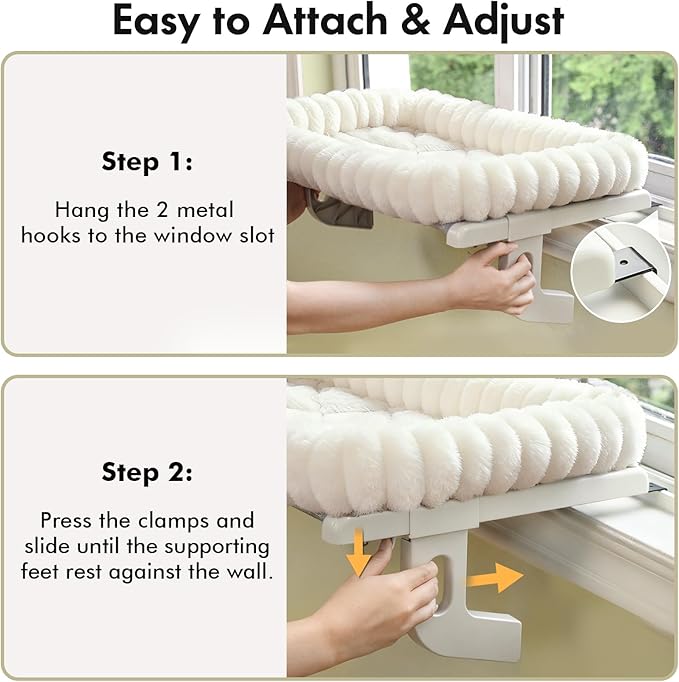 Cat Window Sill Perch,‌ 4-Sided Cushion Bolster Cat Window Seat with ‌Sturdy Frame,‌ ‌Easy Adjust Window Sill Mount Pet Bed for Indoor Cats (White, Medium)