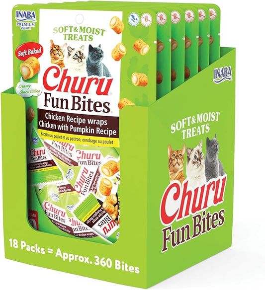 INABA Churu Fun Bites for Cats, Soft & Chewy Cat Treats with Taurine, 0.42 Ounces Each Tetra, 18 Tetras (3 per Bag), Chicken with Pumpkin Recipe