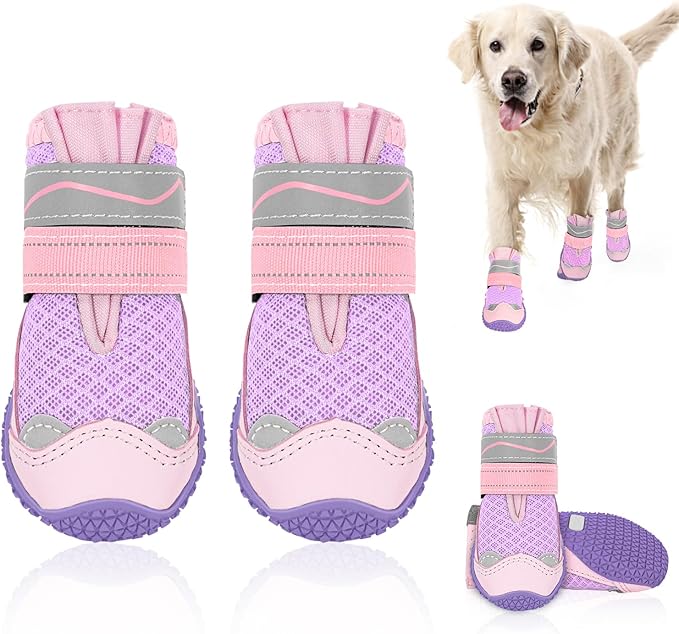 SlowTon Dog Shoes for Large Small Medium Dogs - Breathable Dog Boots for Summer Hot Pavement, Paw Protector for Outdoor Walking Winter Snow, Anti-Slip Rubber Dog Booties for Hardwood Floor (Pink, 6)
