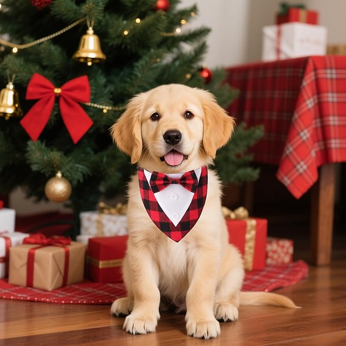 ADOGGYGO Christmas Dog Tuxedo Bandana, Red Plaid Xmas Pet Bowtie Collar, Adjustable Christmas Costumes for Small Dogs (S)