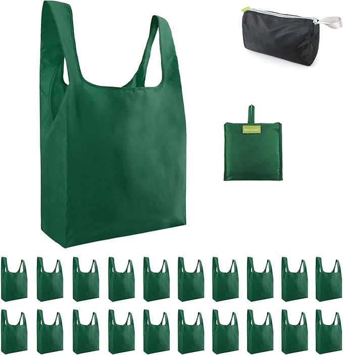 BeeGreen Christmas Green Reusable Shopping Bags Wholesale Reusable Grocery Bags Bulk with Elastic Band Foldable-Machine Washable with Zipper Storage Pouch 20 Pieces