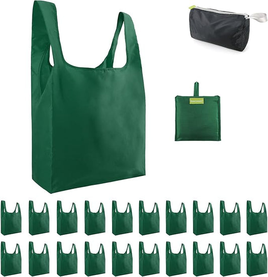 BeeGreen Christmas Green Reusable Shopping Bags Wholesale Reusable Grocery Bags Bulk with Elastic Band Foldable-Machine Washable with Zipper Storage Pouch 20 Pieces