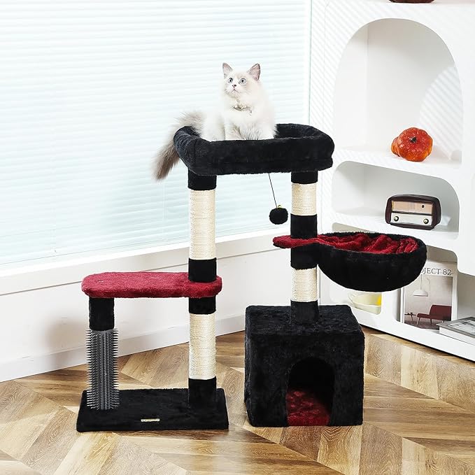 Hoopet 32-Inch Gothic Cat Tree for Indoor Cats – Black & Red Small Cat Tower with Sisal Scratching Posts, Cozy Condo, Plush Perch & Dangling Ball – Ideal for Kittens & Small Cats