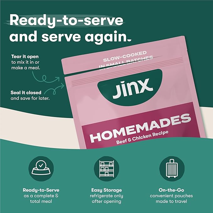 Jinx Beef Grain Free Wet Dog Food Pouches, Meal or Dog Food Topper Mix-in, Made with Real Beef & Chicken, Bone Broth, No Fillers - Puppy, Adult, Senior, 9oz, 6 Pack