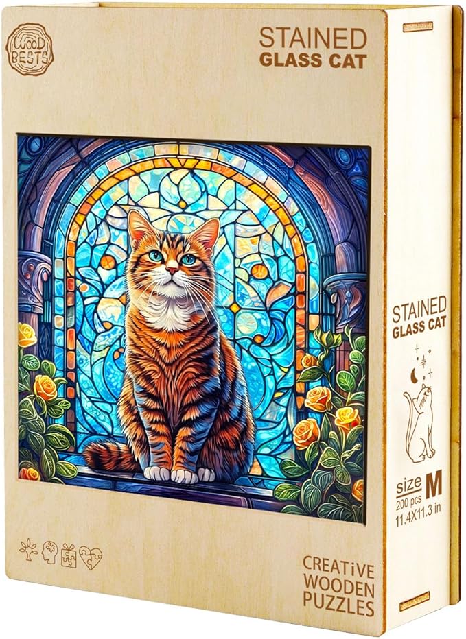 KAAYEE Wooden Puzzles for Adults, Stained Glass Cat 100 Piece Unique Animal Shape Puzzle, Cat Wood Puzzle for Adults, Creative Gifts for Friends/Family, Home Decor(8.5 * 8.4in)