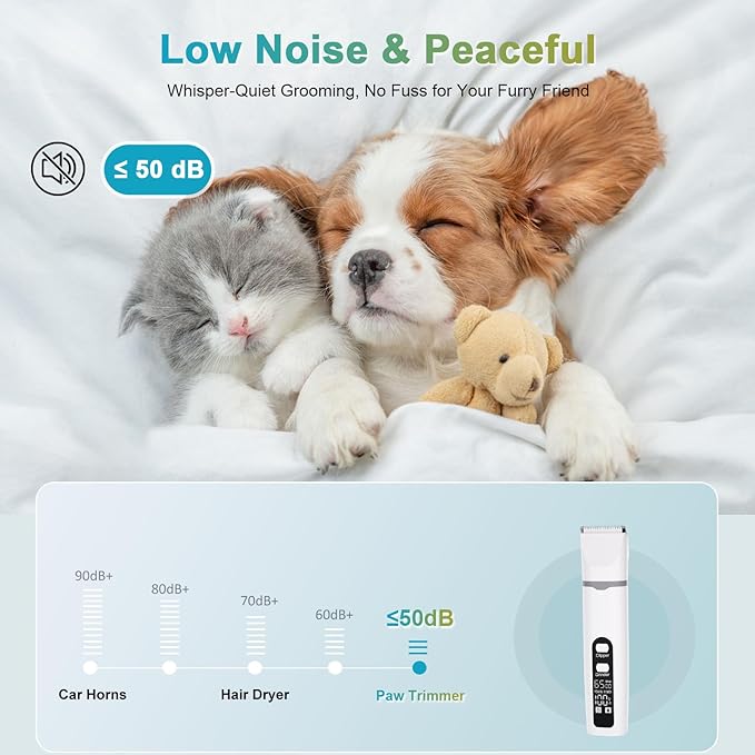 4 in 1 Dog Clippers Grooming Kit with LED Screen, Cordless Quiet Paw Trimmer & Nail Grinder, Rechargeable Waterproof Feet Ear Body Hair Shaver for Cats Dogs Pet Supplies, Pure White