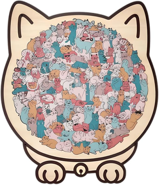 Color Cat Shaped Wooden Puzzle for Adults, Cute Animal Cats Decoration with Frame, Funny Cats Puzzle for Cat Lovers