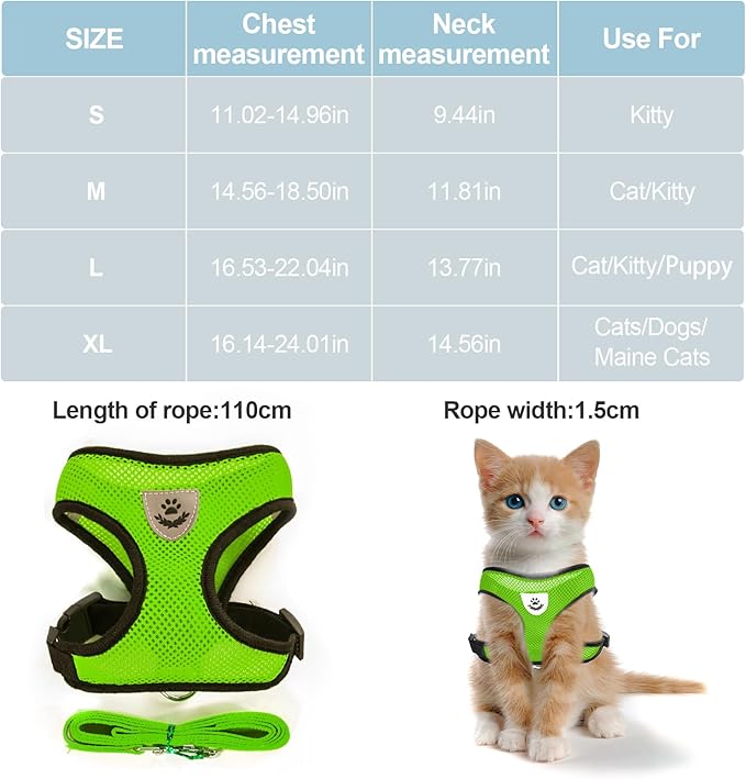 shudyear Summer cat Chest Harness and Leash, Anti-Escape Adjustable Soft mesh cat Leash and Chest Harness Set for All Types of Cats cat Vests (Size L,Green)
