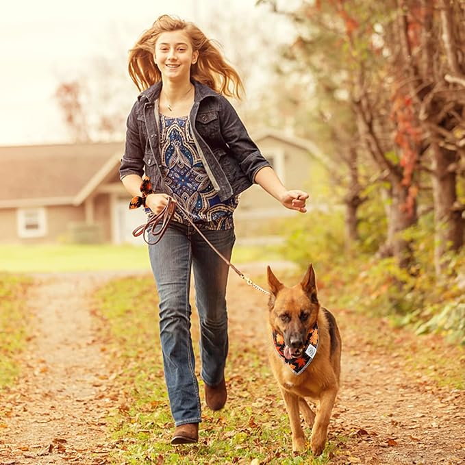 E-Clover Fall Dog Bandana & Matching Scrunchie Set Pet Scarf Kerchief Bibs Dog Outfit for Small Dogs Puppy Owner Gifts Orange Black Maple Leaves