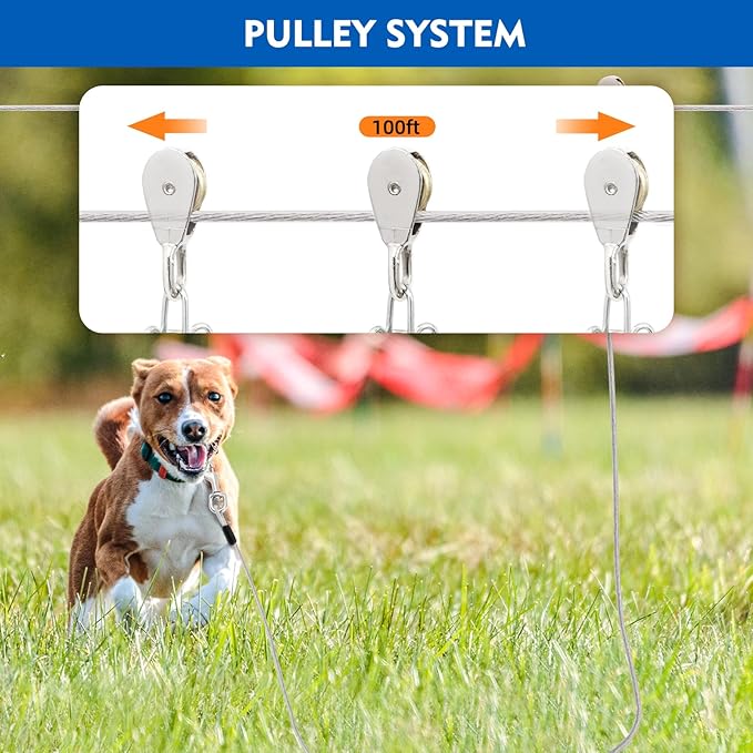 100FT Dog Runner for Yard with 15FT Tie Out Cable - Heavy Duty Trolley System for Large Dogs Up to 250LBS, Backyard/Park/Camping Use (Silver, 100FT+15FT)