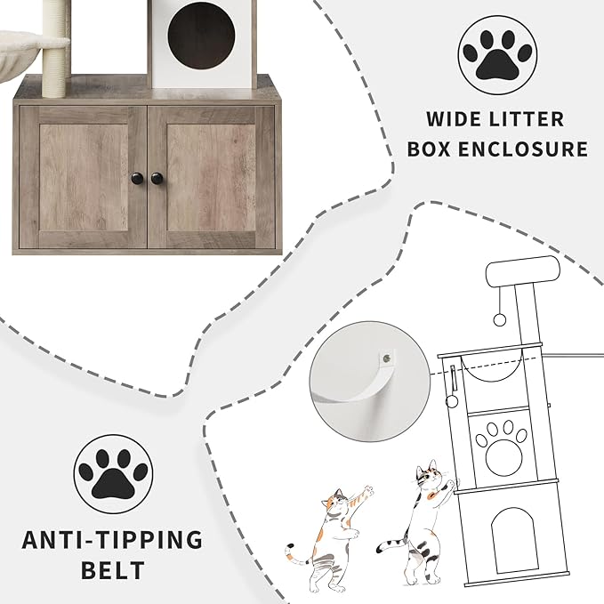 Litter Box Enclosure with Cat Tree Tower and Condo, Hidden Cat Washroom Furniture with Sisal Scratching Post & Soft Plush Perch, Wooden Cat Furniture with Multiple Platforms,Griege