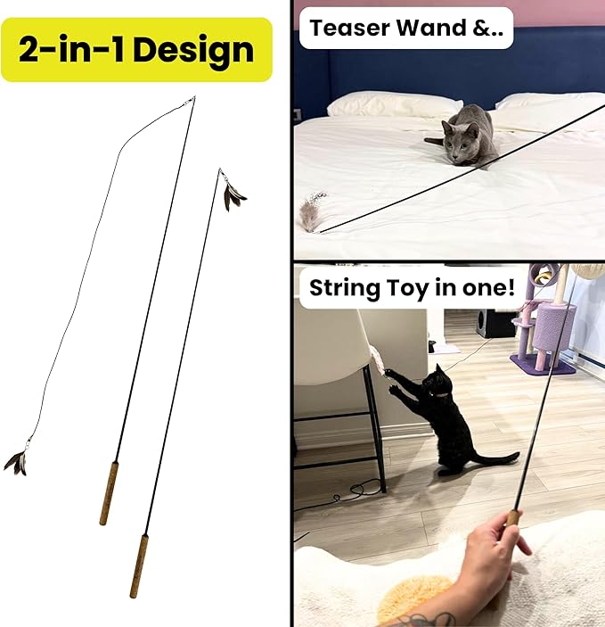 Forever Stick - The Unbreakable Cat Teaser Wand, Extra Long Durable Interactive Toy for Indoor Cats, Cat Fishing Pole Toy for Bored Indoor Adult Cats, Feather String Toy On Stick Enrichment